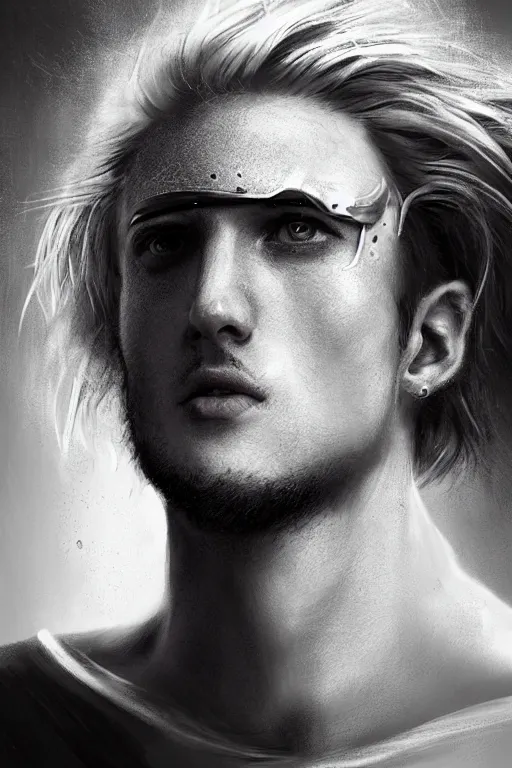 Image similar to blonde wild hair man, black eye - patch, close - up portrait, plain white tshirt, powerfull, intricate, elegant, volumetric lighting, scenery, digital painting, highly detailed, artstation, sharp focus, illustration, concept art, ruan jia, steve mccurry