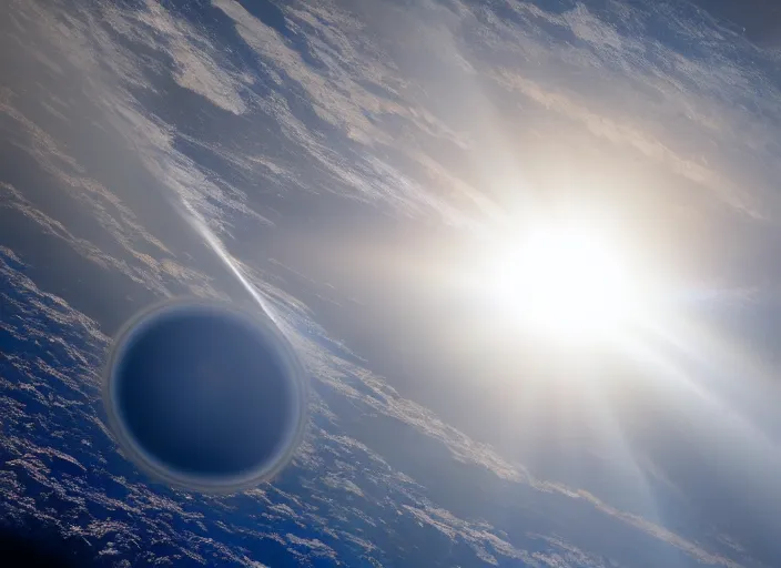 Prompt: nasa satellite still of a disk shaped earth with mountains peaking out of the clouds, sun behind it lens flares, 8 k