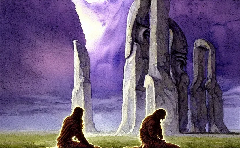 Prompt: a hyperrealist watercolour character concept art portrait of a pagan worshipper kneeling down in prayer in front of a tall elegant giant on a misty night in stone henge. a battlecruiser starship is in the background. by rebecca guay, michael kaluta, charles vess and jean moebius giraud