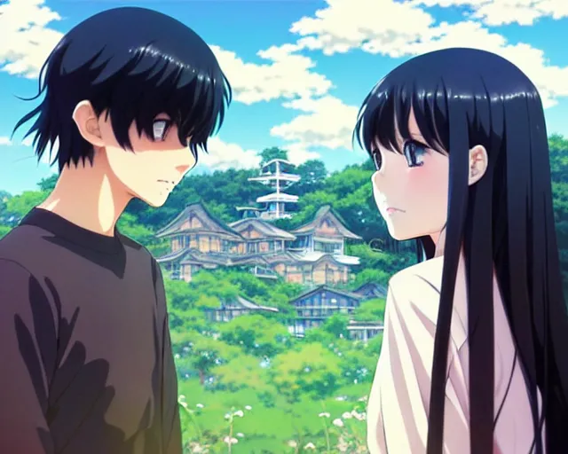 Image similar to beautiful anime girl with long black hair and bangs, beautiful anime guy with black hair, wearing black clothes, siblings, fine details portrait, japense village in background, bokeh. anime masterpiece by Studio Ghibli. illustration, sharp high-quality anime illustration in style of Ghibli, Ilya Kuvshinov, Artgerm