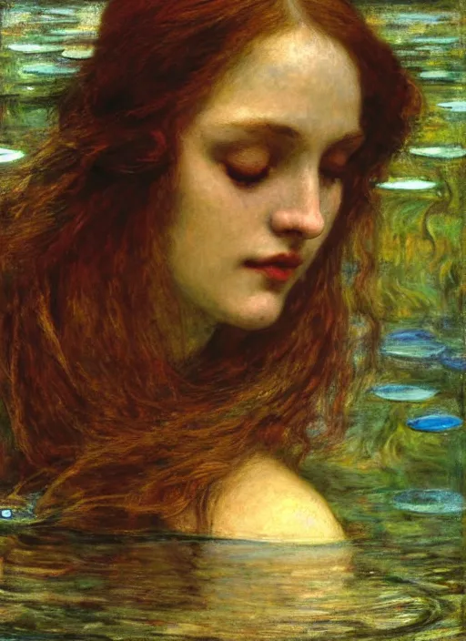 Image similar to lady of shallot as ophelia, underwater, submerged, close up portrait by john william waterhouse, rosetti, monet, william holman hunt, 8 k