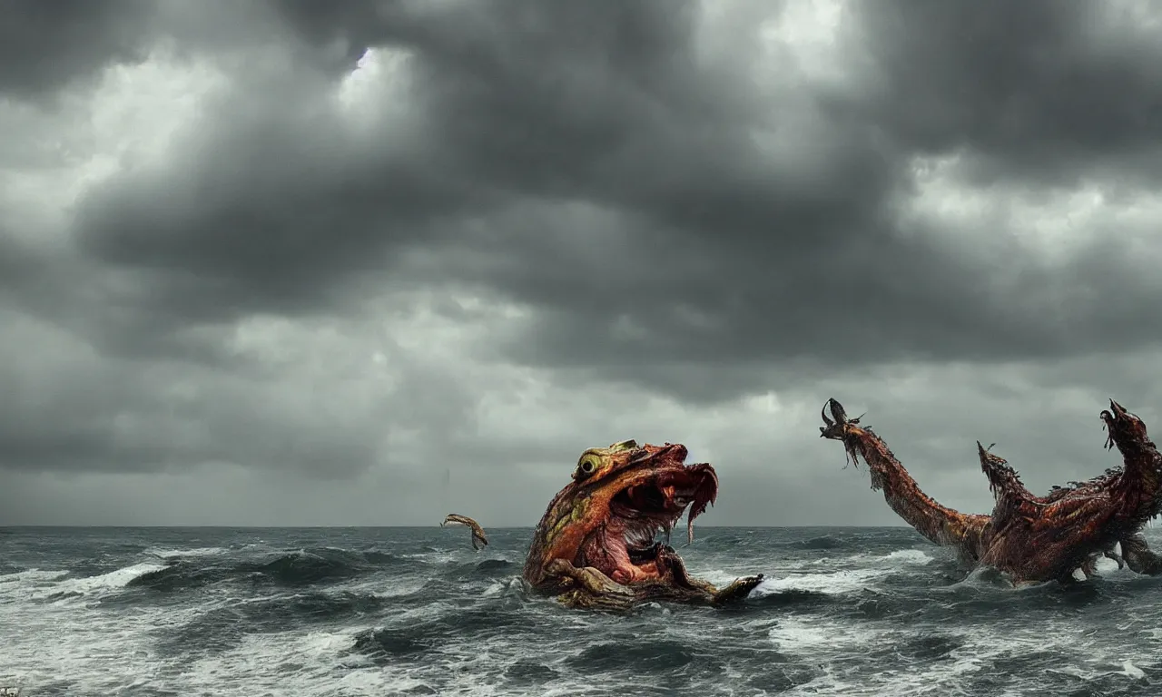 Image similar to a gigantic monster that looks like a mixture of monkfish with crocodile limbs, wet and slimy with a very large mouth, is coming out of the sea dragging its enormous weight with effort on a beach, there are people fleeing in terror, photo-realistic, stormy sky, photo by national geographical