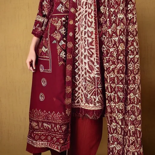 Prompt: a kashmiri paisley design in maroon and beige colors on clothes