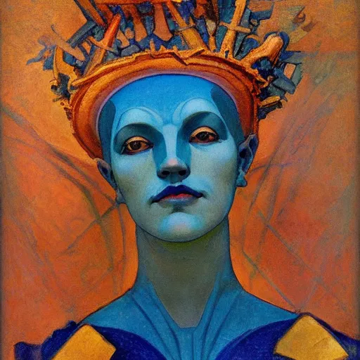 Image similar to the ocean crown, by Annie Swynnerton and Nicholas Roerich and Diego Rivera, blue skin, elaborate costume, geometric ornament, rich color, dramatic cinematic lighting, smooth, sharp focus, extremely detailed