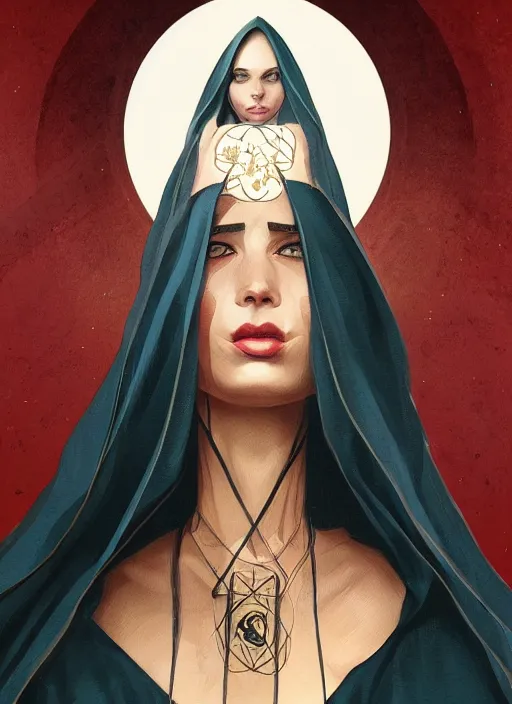 Image similar to tarot!!, high priestess, no noise, elegant, concept art, sharp focus, beautiful face!!, digital art, smooth defined outlines!!, human anatomy, human structure, vector background, dark fantasy, by Brom, trending on Artstation, Tom Bagshaw, Sargent