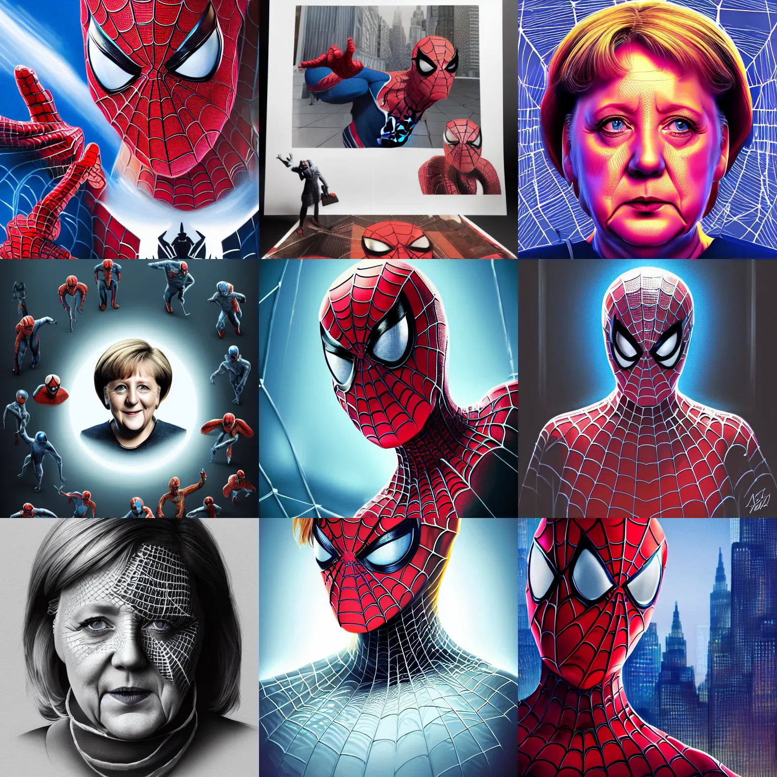 Prompt: portrait isometric drawing, angela merkel in spiderman, intricate, epic lighting, cinematic composition, hyper realistic, 8k resolution, unreal engine 5, by Artgerm, tooth wu, dan mumford, beeple, wlop, rossdraws, James Jean, Andrei Riabovitchev, Marc Simonetti, yoshitaka Amano, Artstation