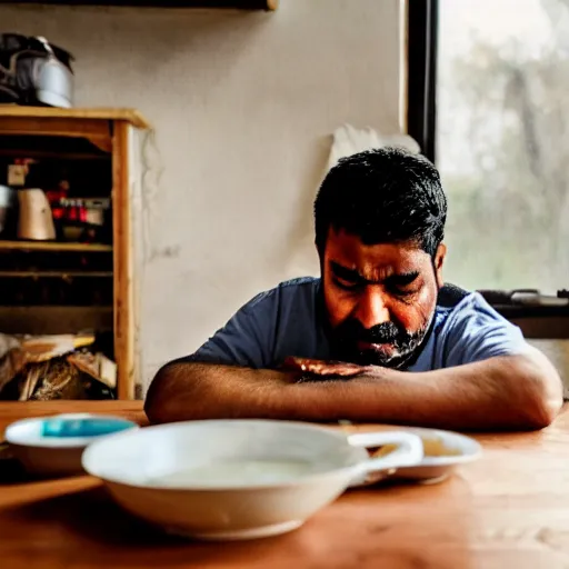 Image similar to Indian dad crying and sitting while looking at spilled milk on his wooden table, photo dslr