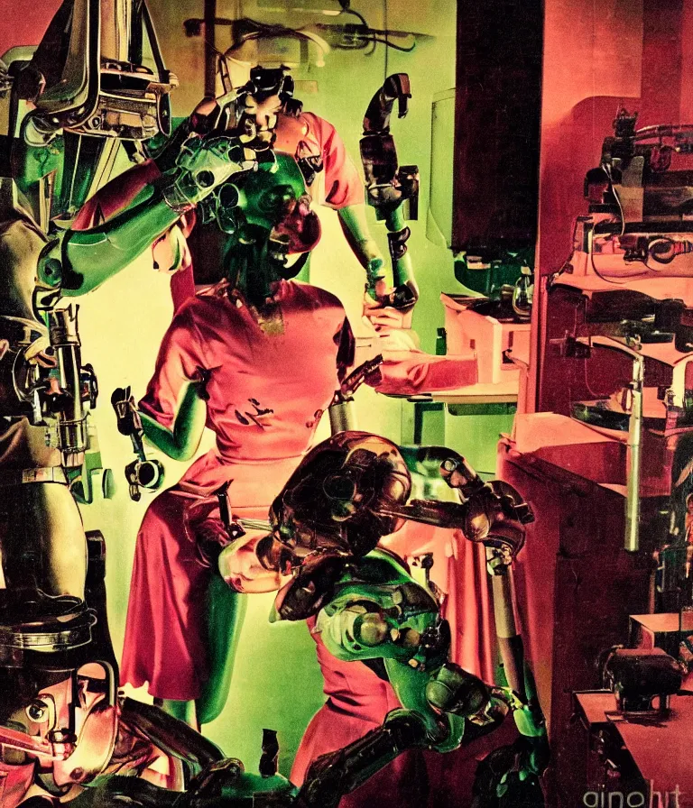 Image similar to a female mad scientist woman building a humanoid robot - man, in a darkly lit laboratory room, 1 9 5 0 s horror movie poster style, ( norman rockwell oil painting ), tight shot, close - up shot, retro science fiction, vintage, saturated pink and green lighting, shadowy lighting, cohesive