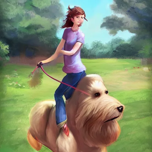 Image similar to girl riding a giant dog in the park, trending on artstation