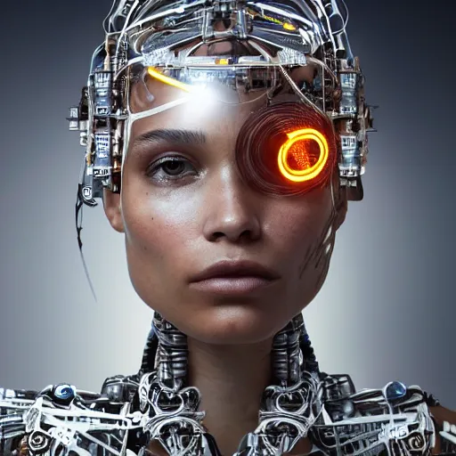 Prompt: beautiful Fine art photo of enraptured Zoe Kravitz as a solarpunk robotic goddess, white mechanical parts with led lights, photorealistic, centered, highly detailed and intricate, sun lighting, 8k