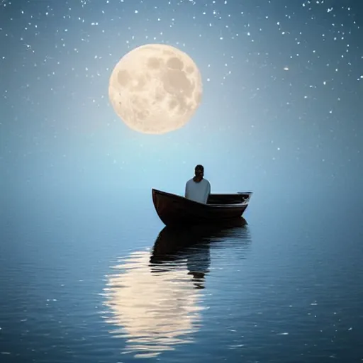 Image similar to A beautiful small boat alone on a lake at twilight with calm waters, the moon shines from above causing light ripples in the water. A small and calm traveller sits in the boat, at peace with himself and the world. A digital art piece designed by psychologists to calm a troubled mind. Tranquil dreams of tepid water, a moment frozen in time. Trending on art station, an award winning masterpiece