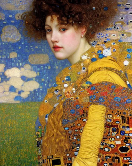 Prompt: a close up of beautiful girl flying through the clouds surrounded by colourful intricate patterns, by gustave klimt edgar maxence and caravaggio and michael whelan, intricate painting, hyper realistic, extremely detailed and beautiful aesthetic face, 8 k resolution