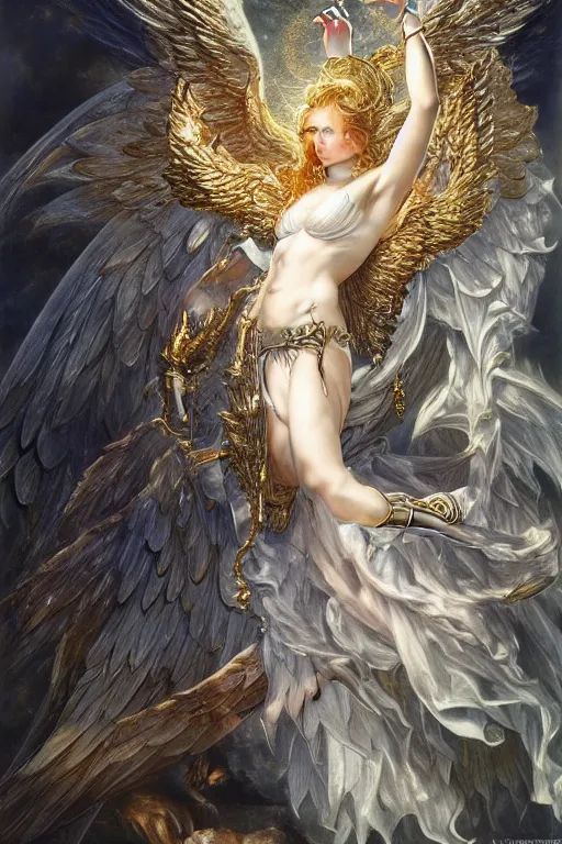 Prompt: white muscular angel with wings, wearing diamond armor, shining light, jewelry, god rays by Karol Bak, Ayami Kojima, Amano