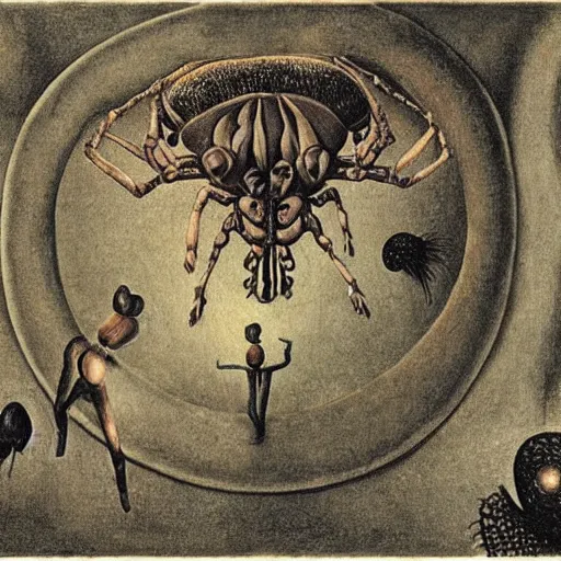 Image similar to spiders who sing and dance like children, by Hannah Hoch, by M.C.Escher, by Santiago Caruso, oil on canvas, beautiful, eerie, surreal, psychedelic