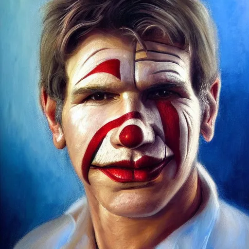 Prompt: stunning serene portrait of a young Harrison Ford wearing a clown suit by Mark Arian, oil on canvas, masterpiece, realism, piercing gaze, autumn bokeh