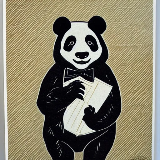 Image similar to panda in a suit, linocut