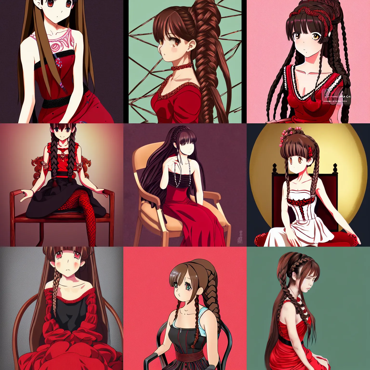 Prompt: girl with braided brown hair, wearing an elegant dress, sitting in a chair, highly detailed, painting, red and black color palette, intricate, high quality anime artstyle