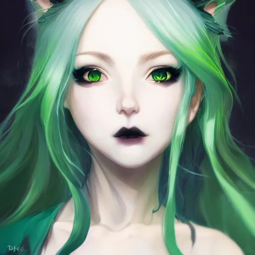 Image similar to facial portrait of a young pretty anime woman, green hair, dark eyes, gothic eyeliner, character concept art, headshot, Charlie Bowater, Anna Dittmann, WLOP, Rumiko Takahashi, Akihiko Yoshida, Hyung-tae Kim, alexander mcqueen, trending on Artstation