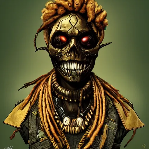 Image similar to a golden skull face african warrior with dreadlocks, Apex Legends character digital illustration portrait design, by android jones, detailed, cinematic lighting, wide angle action dynamic portrait