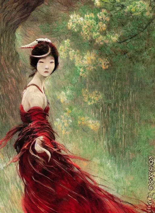 Prompt: a gorgeous prima ballerina japanese art with a red scarf, medium long brown hair, green eyes, is looking at a bird, ethereal, horror, fantasy art by greg rutkowski and magali villeneuve and claude monet