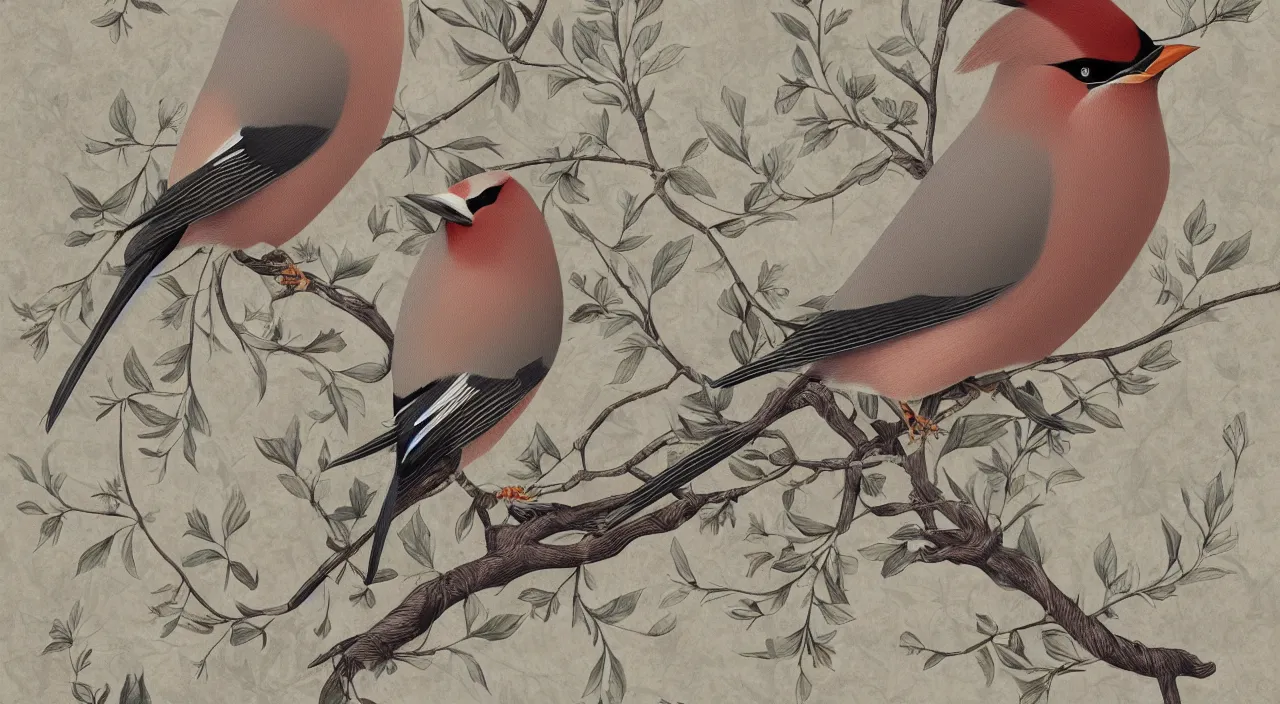 Prompt: ethereal bohemian waxwing bird, bombycilla garrulus, intricate details, ornate, detailed illustration, octane render, johanna rupprecht style, william morris style, trending on artstation