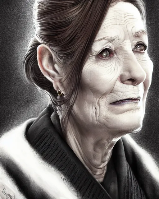 Prompt: portrait 6 0 - year - old woman, tall, severe - looking, with dark hair tied up in a bun, mcgonagall, wearing in black clothes, yper realistic face, beautiful eyes, character art, art by mark brooks, hyperdetailed, cryengine, trending on artstation, digital art