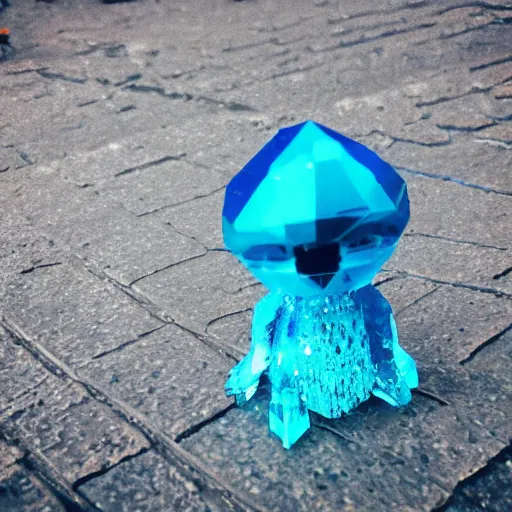 Image similar to small cyan colored crystal creature in big techno city