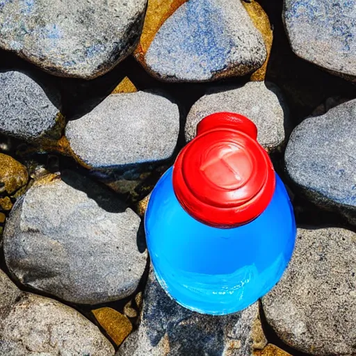 Prompt: bottle on a rock floating in the blue water surrounded by plethora of fauna and flora, bright blue skies up close shot, white background, zen, light, modern minimalist f 2 0 clean