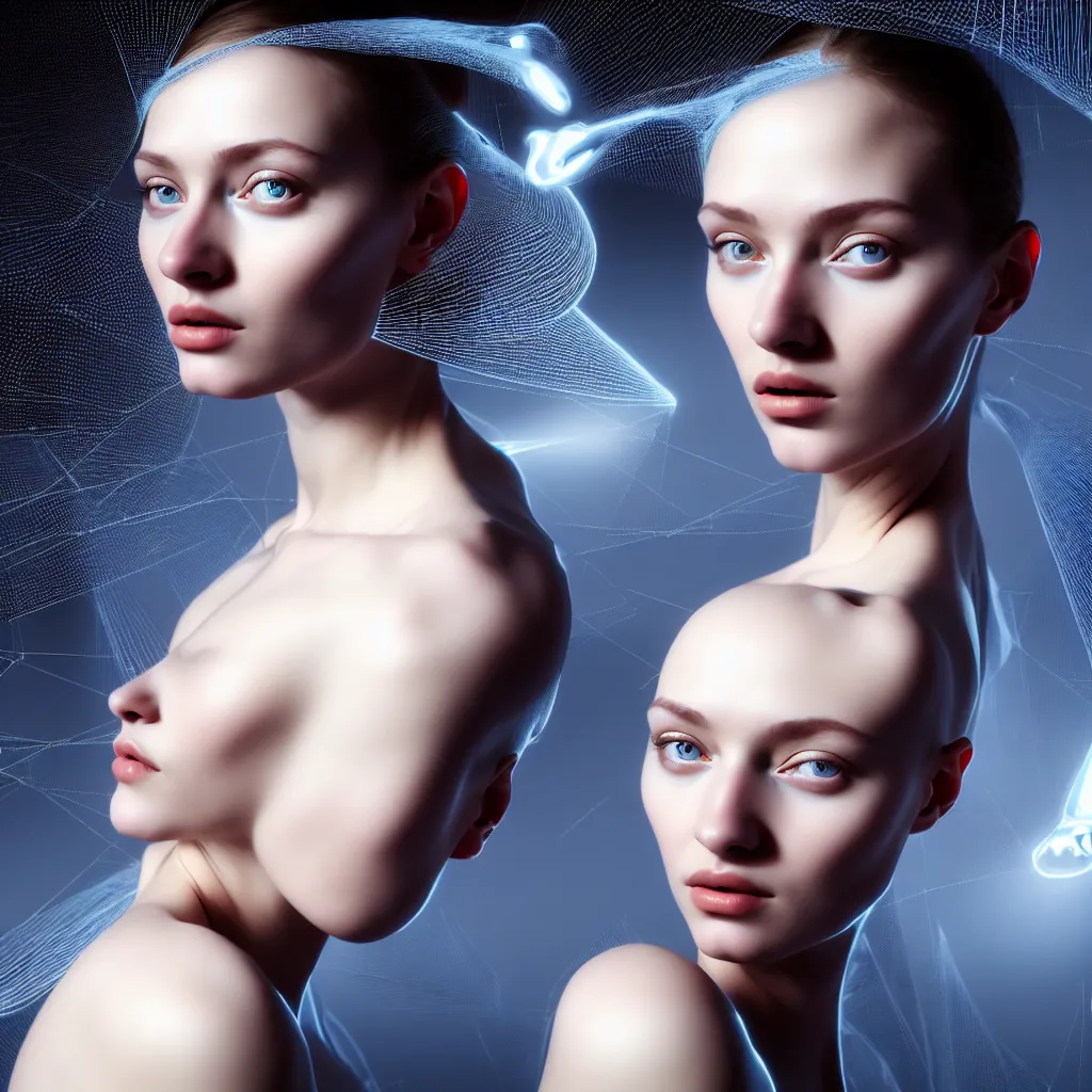 Image similar to hyperrealism photography computer simulation visualisation of parallel universe cgi scene with beautiful highly detailed ukrainian woman by caravaggio wearing neofuturistic neural interface by josan gonzalez - s 1 5 0