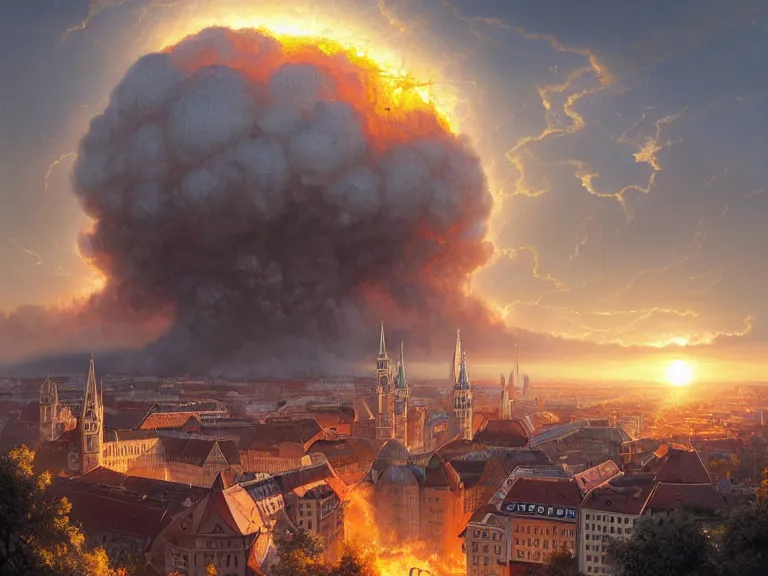 Image similar to , city of munich!!!, multiple nuclear explosions!!!, rubble, hyperrealistic, highly detailed, cinematic, single ray of golden sunlight, beautiful, cgssociety, artstation, 8 k, oil painting by greg rutkowski, by artgerm, by wlop