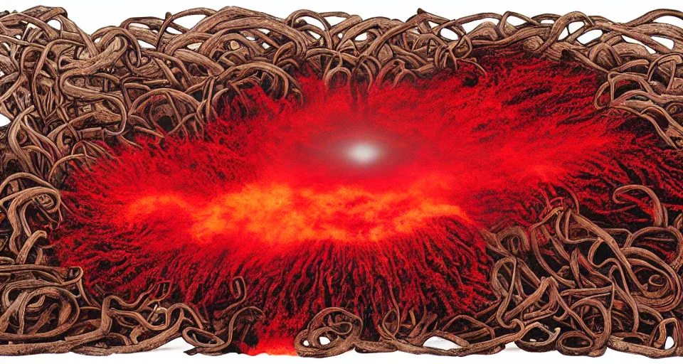 Image similar to a volcano made of ivory vines and crimson rocks enters in eruption, it spits a smoke in the shape of demonic eye, by Dan Witz