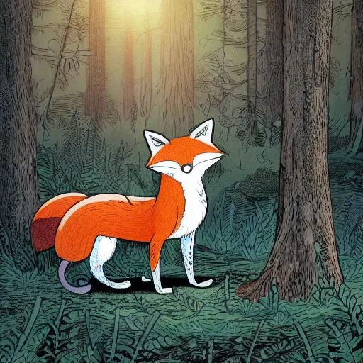 Image similar to childrens book illustration of a cute cartoon fox in the woods, style of moebius, james jean, mcbess, cinematic, highly detailed, award winning, 8 k photorealistic