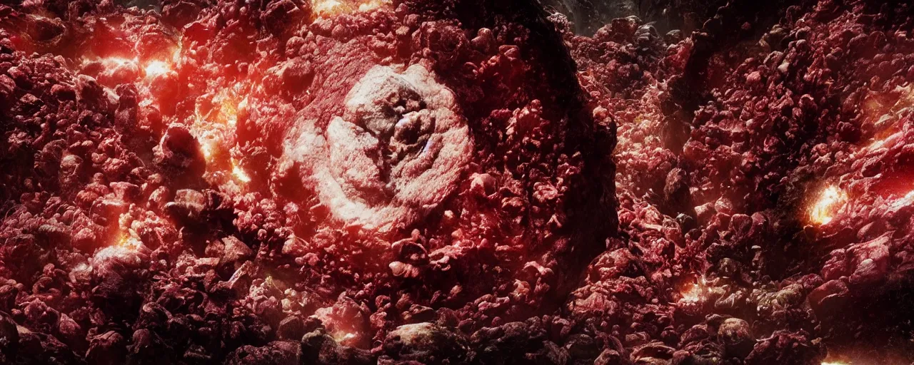 Image similar to ” outer planet made of meat and saliva, [ moist, wet, cinematic, detailed, epic, widescreen, opening, establishing, mattepainting, photorealistic, realistic textures, octane render ] ”