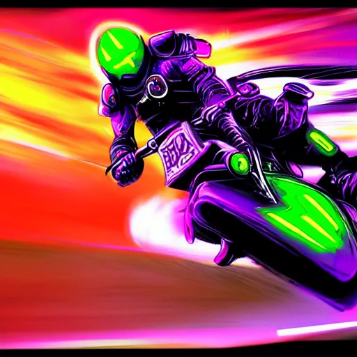 Image similar to psychedelic blacklight neon airbrush artwork, motorcycle, hyper stylized cinematic action shot of an orc racing on a motorcycle, menacing orc, drifting, skidding, wheelie, clear focused details, soft airbrushed artwork, black background, post apocalypse, cgsociety, artstation, peter lloyd art, peter palombi art