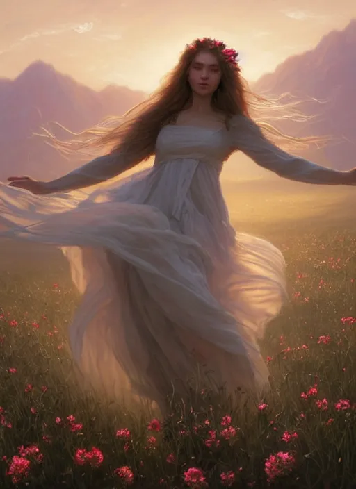 Prompt: oil painting portrait of a young woman with flowers in her long dark flowing hair in a white dress, dancing levitating floating over a field of flowers at sunset with mountains in the background, hazy, digital art, chiaroscuro, artstation, cinematic, golden hour, digital art painting by greg rutkowski, bouguereau, hazy atmosphere, flowers, cinematic lighting