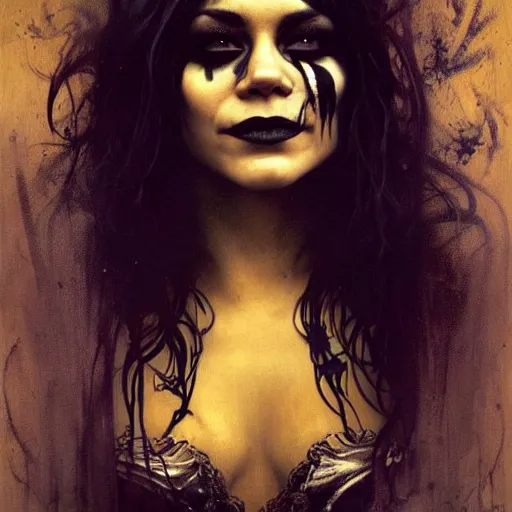 Image similar to beautiful portrait of vanessa hudgens as death from sandman, smiling, by cedric peyravernay, alphonse mucha, by jeremy mann, by lecouffe deharme, goth chic, soft lightning, eyeliner, punk rock, high detailed, 8 k