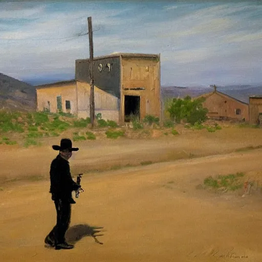 Image similar to the man in black and a revolver in hand walking around an abandoned western town, impressionist painting