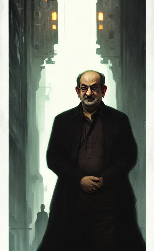 Image similar to portrait of salman rushdie in the dark, deep focus, blade runner 2 0 4 9, fantasy, intricate, elegant, highly detailed, digital painting, artstation, concept art, matte, sharp focus, illustration, art by artgerm and greg rutkowski and alphonse mucha