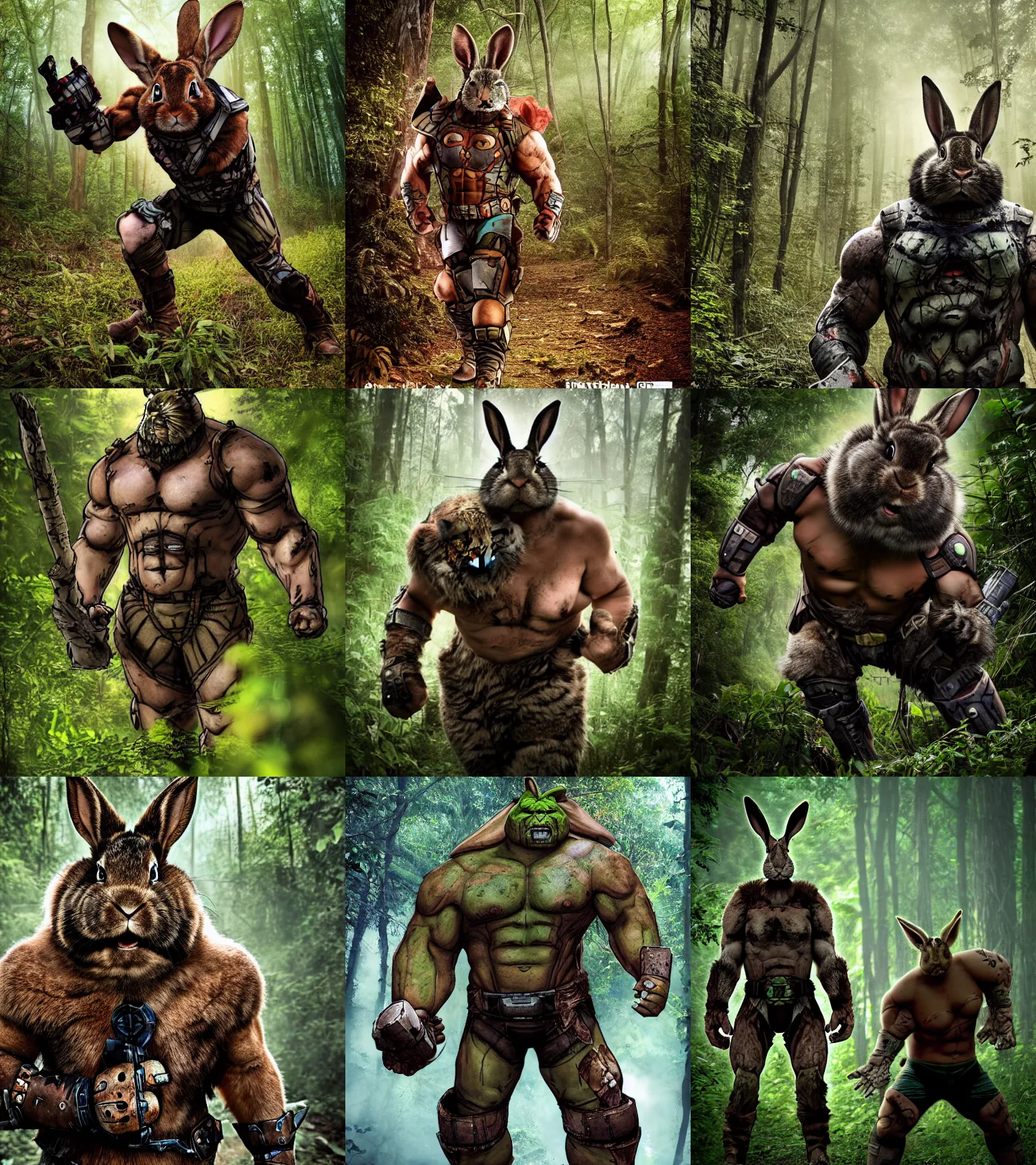 Prompt: photograph by discovery channel! full shot!! armored hulked borderlands rabbit superhero rugged barbarian, fog, in deep forest jungle, overcast!!!