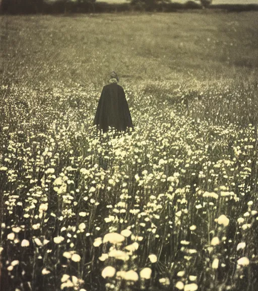 Image similar to mystical black death god standing in tall meadow of flowers, distant, vintage film photo, grainy, high detail, high resolution