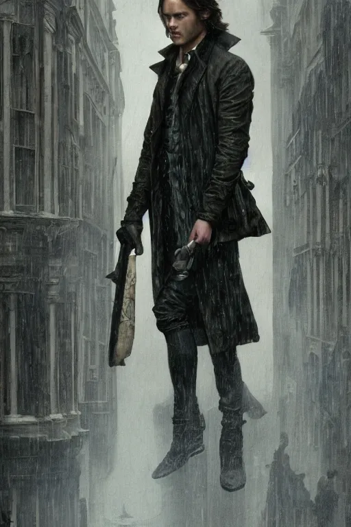 Image similar to a detailed matte portrait of sam \ winchester in a supernatural sherlock holmes story, 1 8 th century london in the rain, city streets, ominous, masterpiece, 8 k, art by alphonse mucha and greg rutkowski