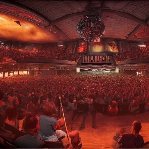 Prompt: a virtual reality concert venue with amazing atmosphere. highly detailed. trending on artstation.