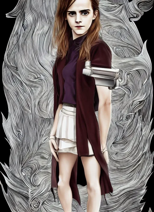 Image similar to full length photo of Emma Watson in the style of Junji Ito, full body, not realistic, sharp focus, 8k high definition, insanely detailed, intricate, elegant, art by stanley lau and artgerm