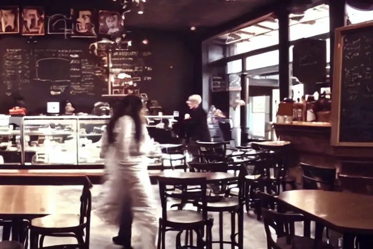 Prompt: 2 0 0 0 s footage of a demon standing in a dimly lit cafe
