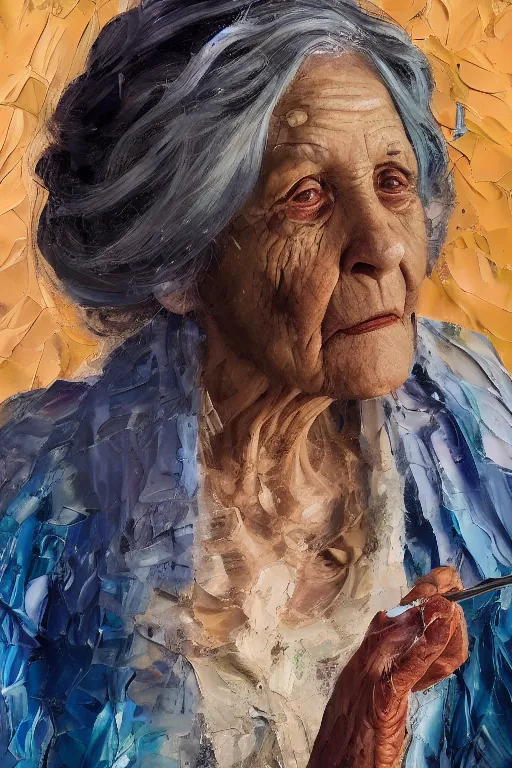 Image similar to palette knife oil painting portrait of ariadne, a mysterious spiritual guide who is a chain smoking old lady in an ashen trench coat. extreme detail, any racial background, artstation trending, artgerm, deviant art, octane, substance, art history 8 k