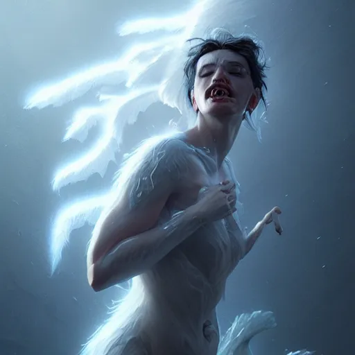 Prompt: a roaring and crying ghost, tall, silver skin, illustration, cinematic lighting, 8 k, d & d, frostbite 3 engine, dof, artstation, intricate, digital art, crepuscular ray, art by tsuyoshi nagano, greg rutkowski, stanley artgerm