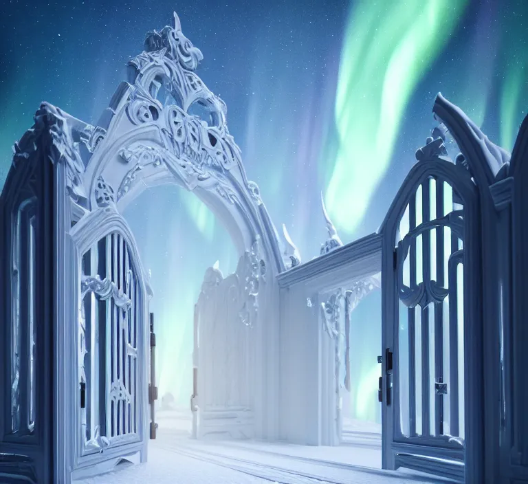 Image similar to a very detailed concept art of intricate and scandinavian white gates to aurora borealis infused with light, trending on artstation, symmetry, digital art, 4 k, hyper realistic, octane render, sharp focus