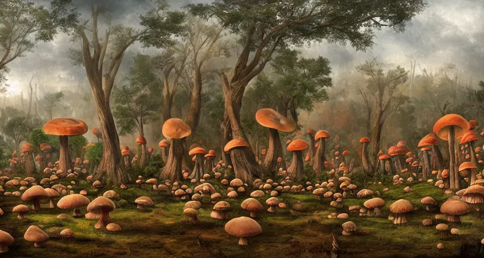 Prompt: A tribal village in a forest of giant mushrooms, by André François