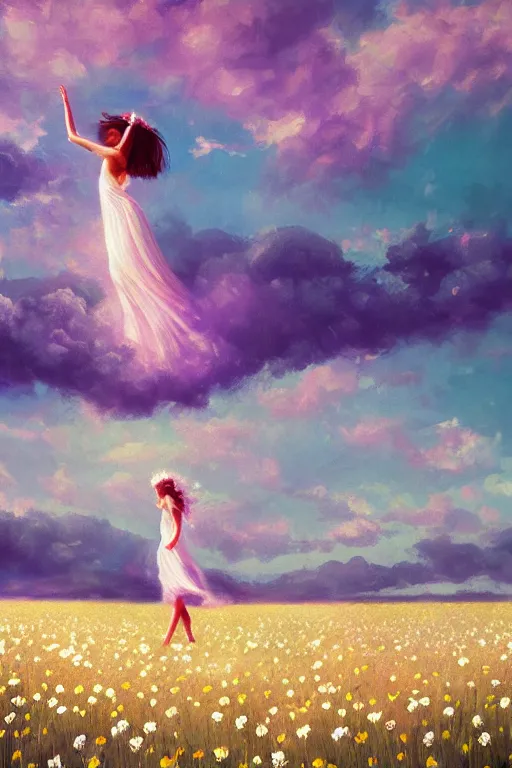 Image similar to giant white daisy flower veil, girl dancing in a flower field, surreal photography, sunrise, dramatic light, impressionist painting, colorful clouds, digital painting, artstation, simon stalenhag