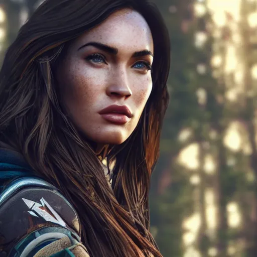 Prompt: megan fox portrait, horizon forbidden west, horizon zero dawn, photorealistic, ultra detailed, machines, octane, robots, nature background, cinematic lighting, studio quality, feature, scars, 8 k